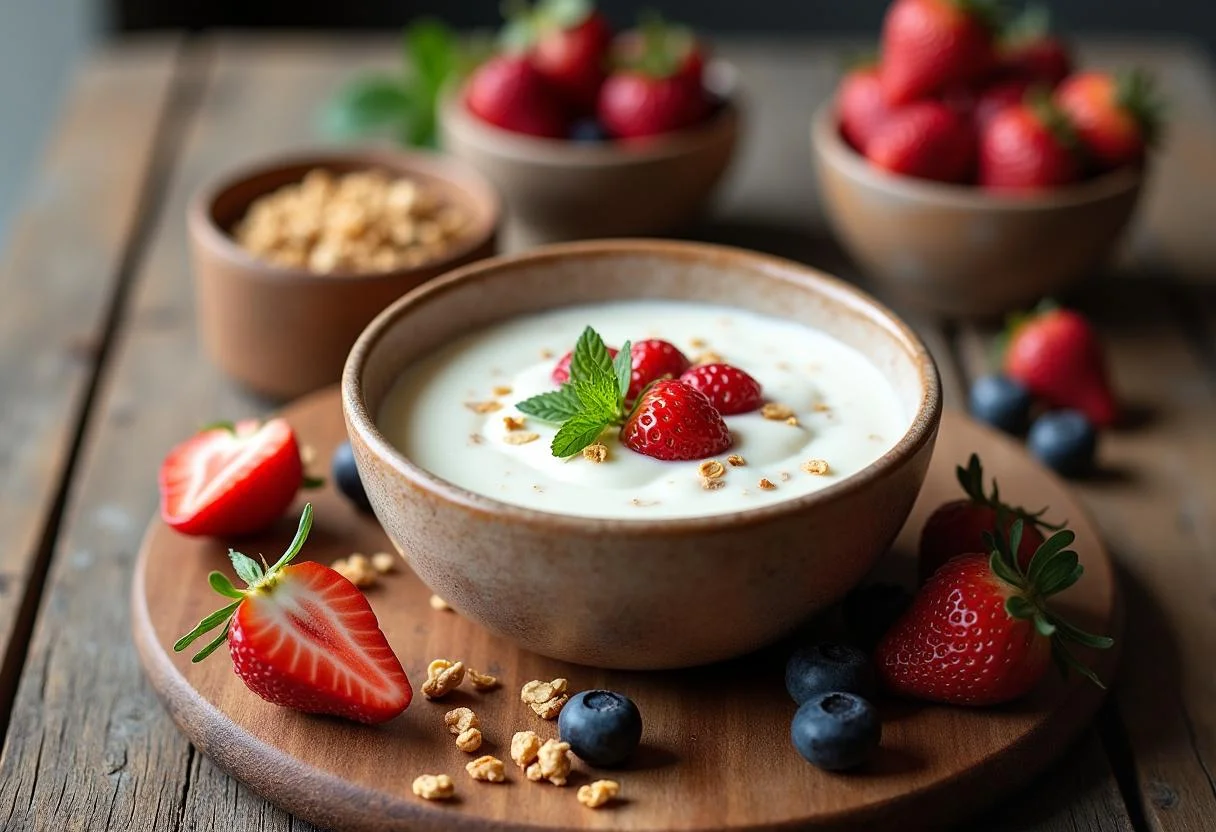 Delicious bowl of iogurte natural vigor with fruits and granola, ideal for breakfast.