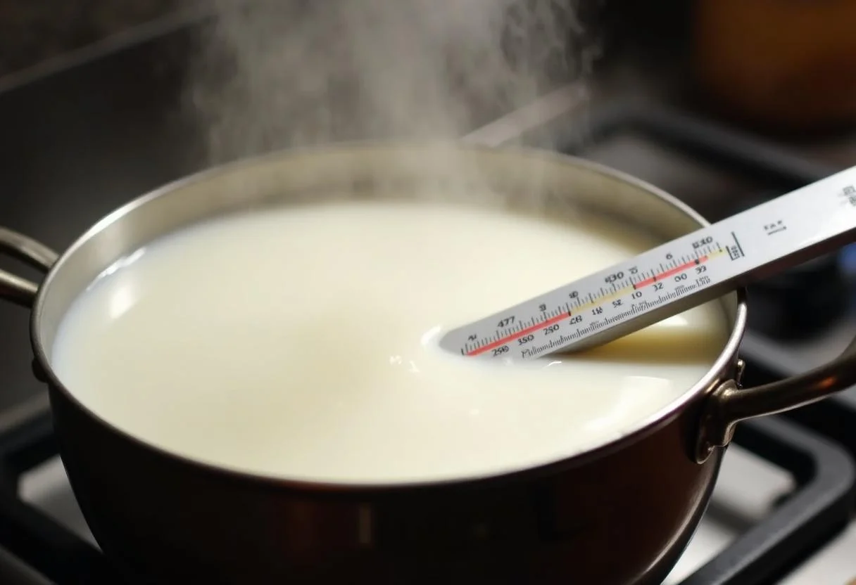 A pot of fresh milk being heated for making iogurte natural vigor.