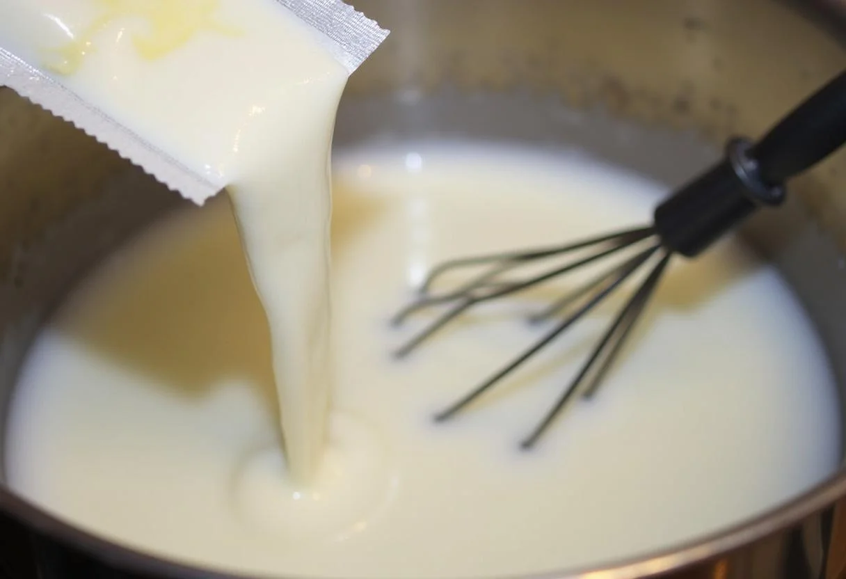 Adding yogurt starter culture to warm milk for iogurte natural vigor preparation.