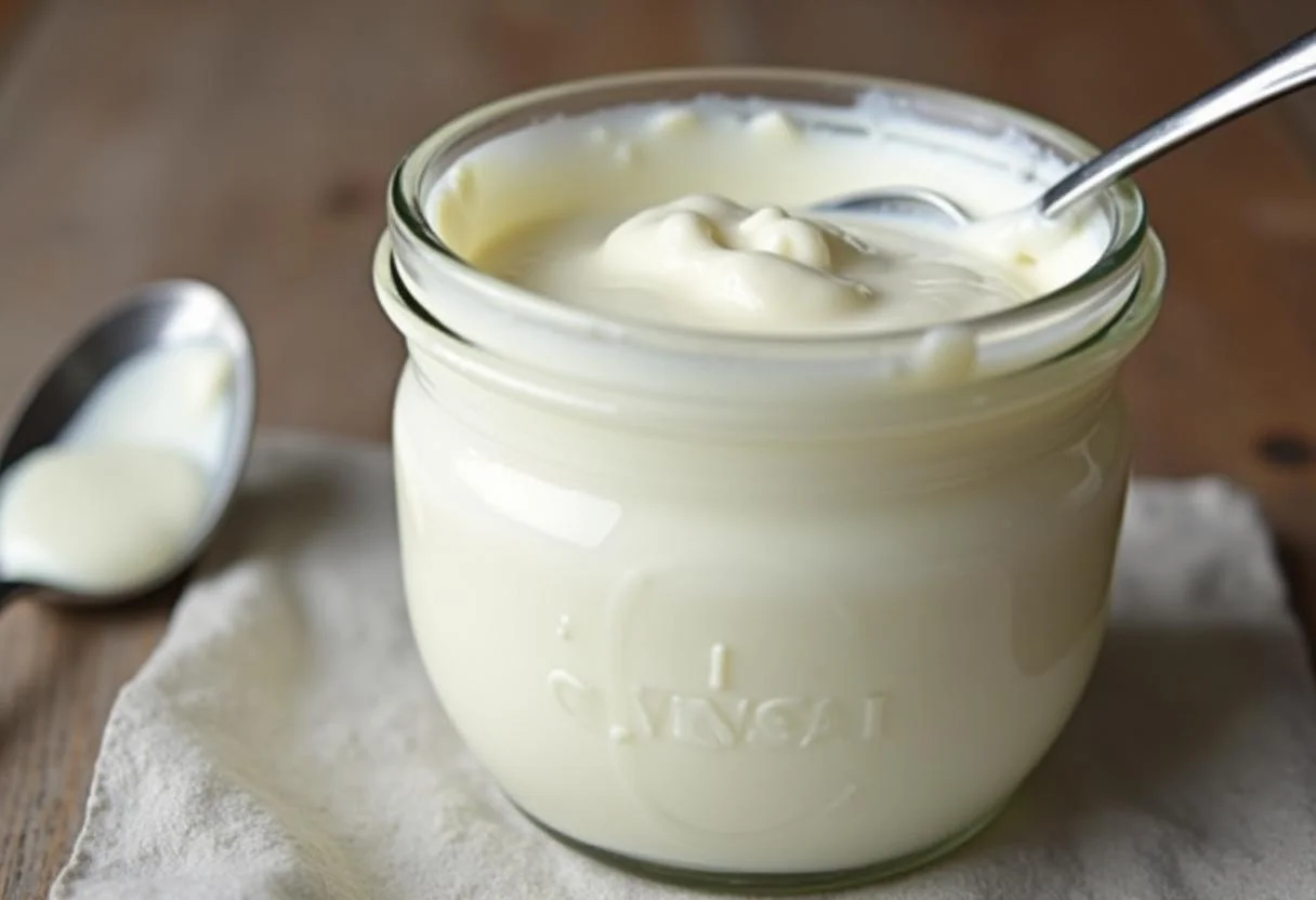 Thick and creamy iogurte natural vigor being stirred in a jar after fermentation.