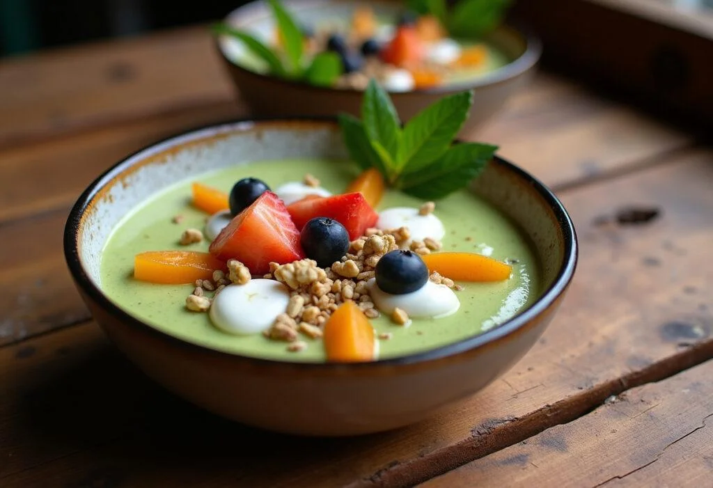 Delicious homemade iogurte proteico verde campo served with fruits and nuts.