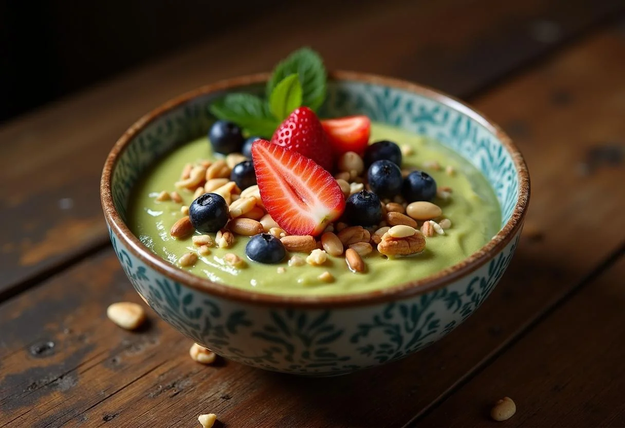 Delicious homemade iogurte proteico verde campo served with fruits and nuts.