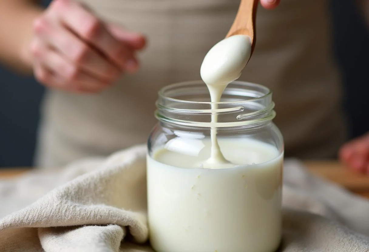 Mixing yogurt culture into milk to prepare iogurte proteico verde campo.