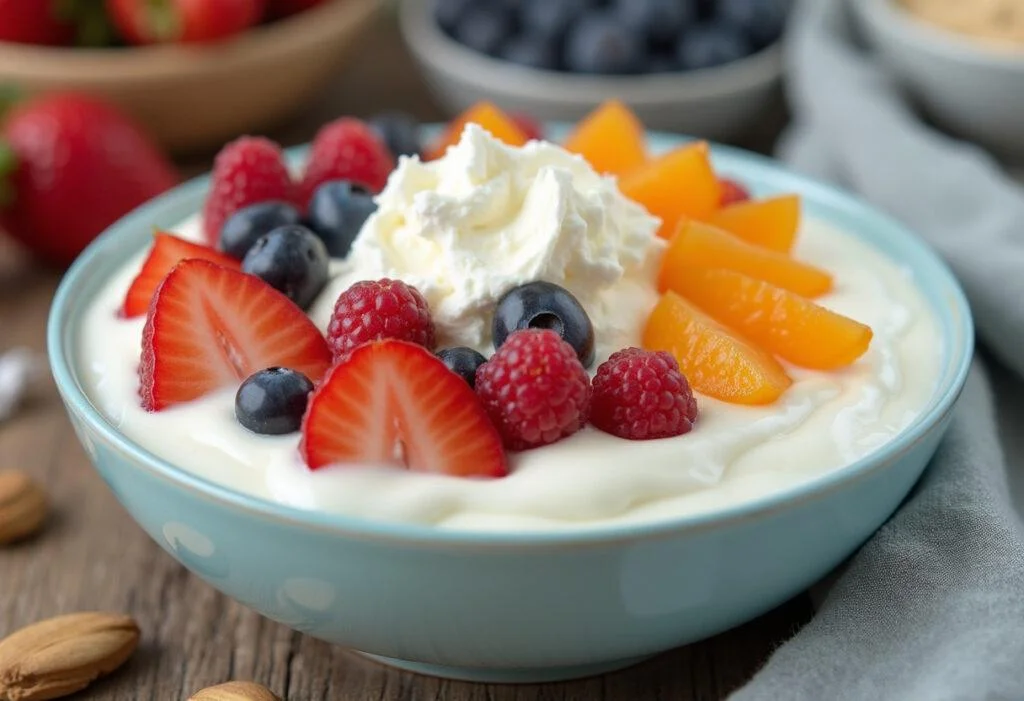 Iogurte caseiro com whey protein, decorado com frutas frescas, ideal para uma alimentação saudável.