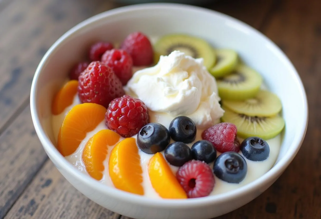 Iogurte caseiro com whey protein, decorado com frutas frescas, ideal para uma alimentação saudável.