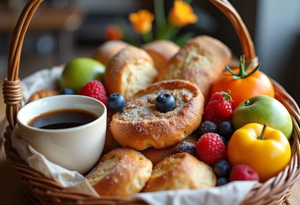 Kit café da manhã decorativo com café, produtos de pastelaria e frutas, ideal para presentear.