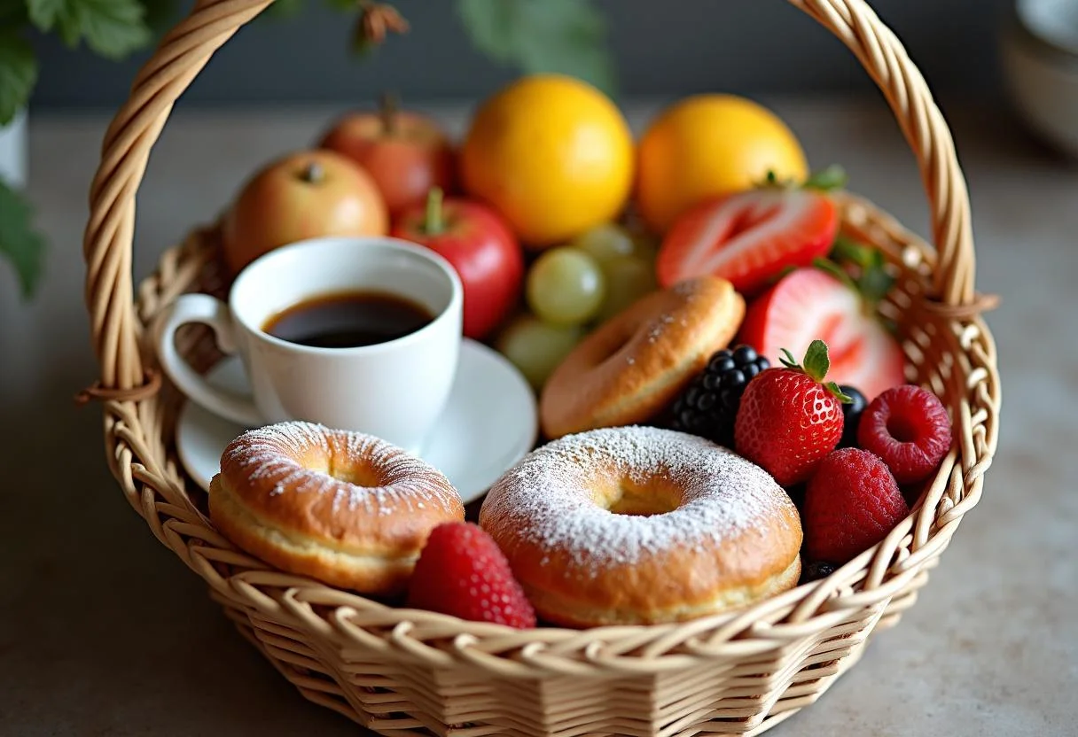 Kit café da manhã decorativo com café, produtos de pastelaria e frutas, ideal para presentear.
