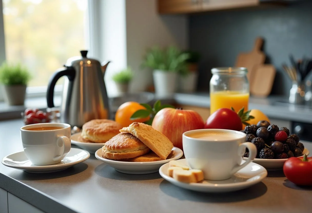 Ingredientes frescos para o kit café da manhã, incluindo café, produtos de pastelaria e frutas.