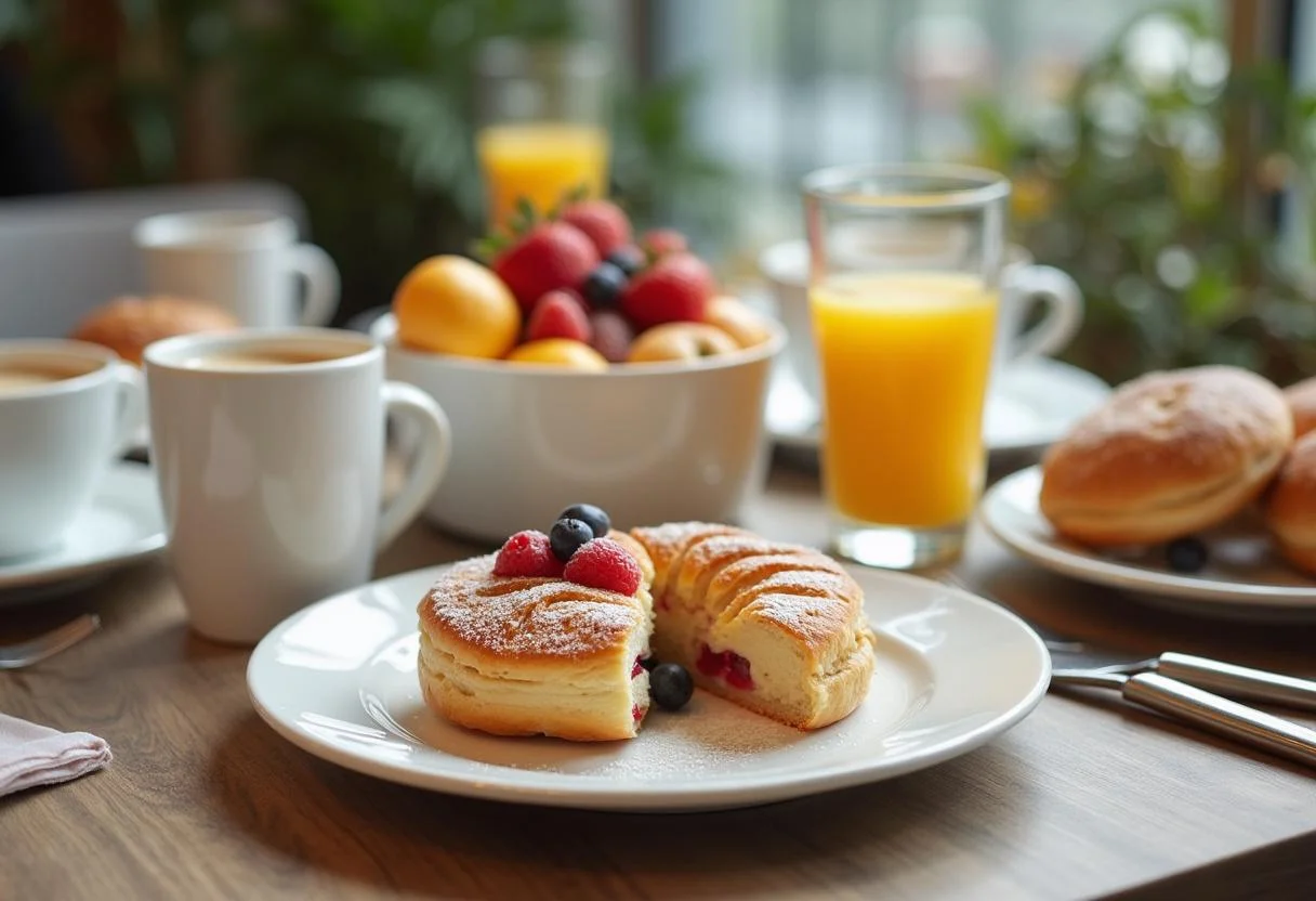 Mesa de café da manhã elaborada com produtos de pastelaria, café e frutas para o kit café da manhã.