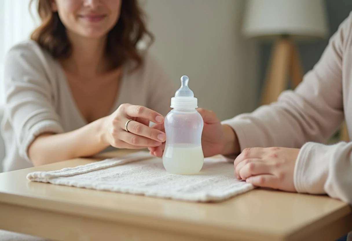 Mamadeira de leite Aptamil pronta para ser alimentada a um bebê.