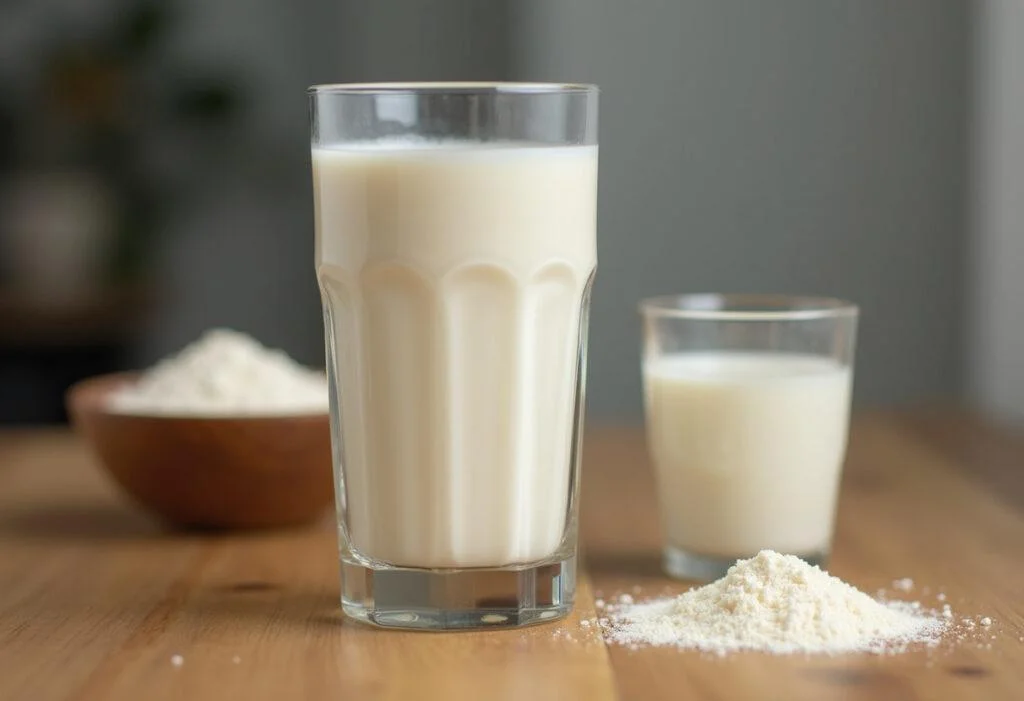 Leite caseiro rico em proteína em um copo, perfeito para quem procura alternativas saudáveis.