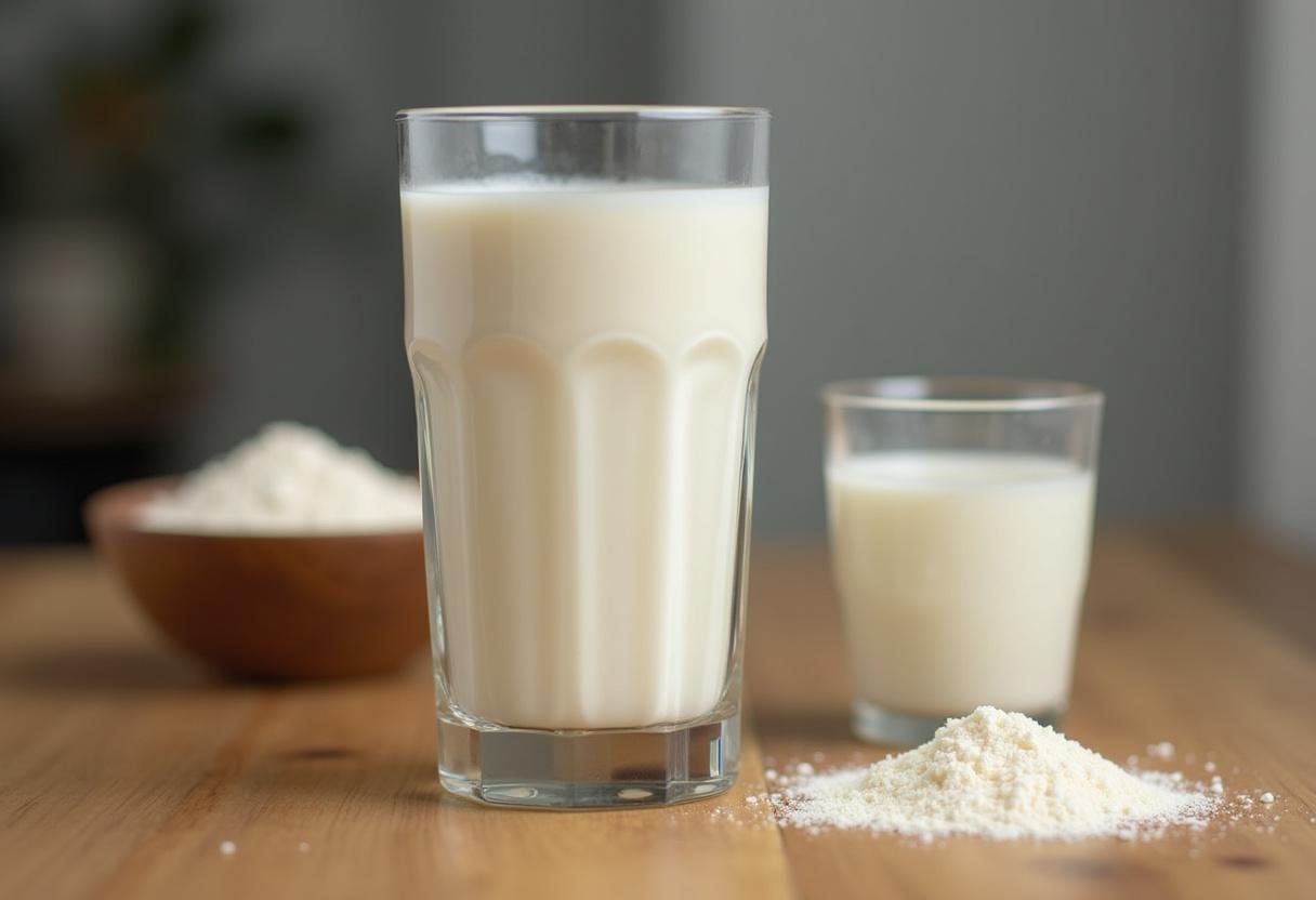 Leite caseiro rico em proteína em um copo, perfeito para quem procura alternativas saudáveis.
