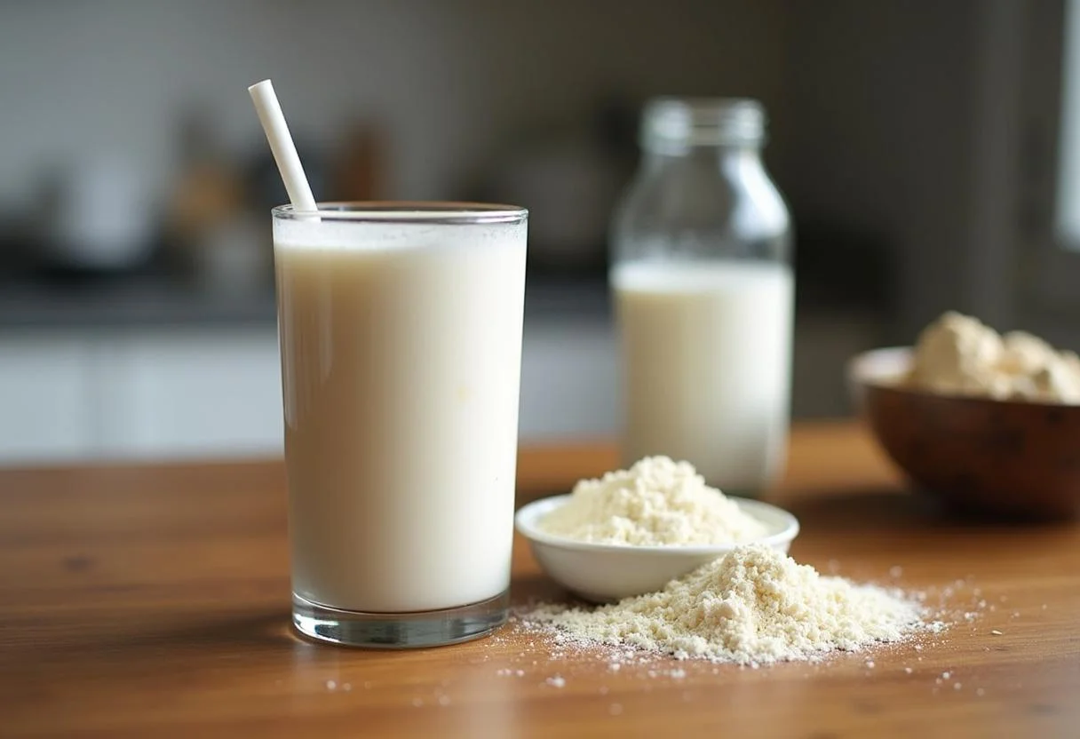 Leite caseiro rico em proteína em um copo, perfeito para quem procura alternativas saudáveis.