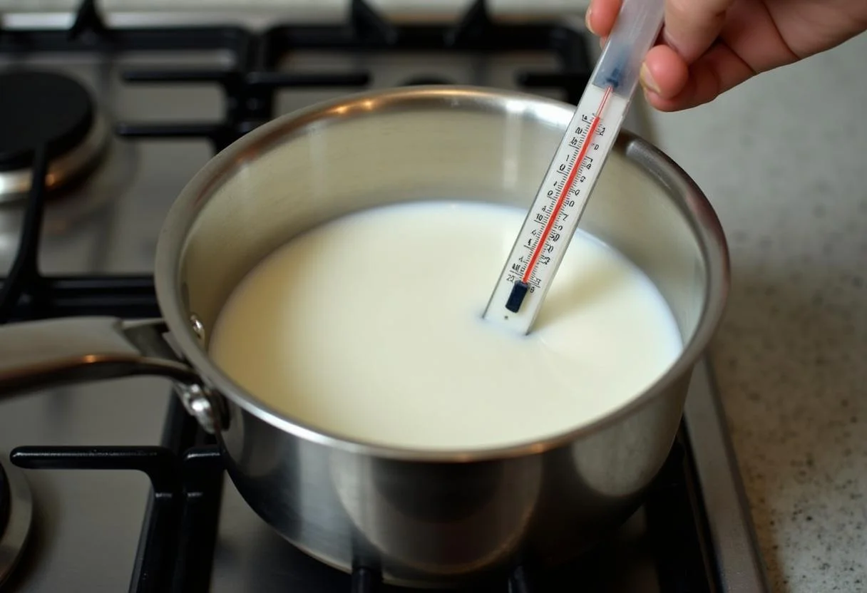 Leite fresco sendo aquecido em uma panela para fazer leite caseiro rico em proteína.
