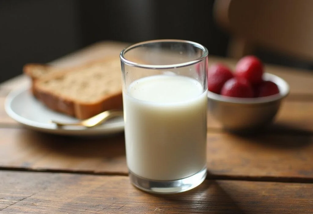 Copo de leite desnatado e refeição saudável, destacando quantas calorias tem um copo de leite.