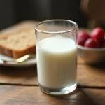 Copo de leite desnatado e refeição saudável, destacando quantas calorias tem um copo de leite.