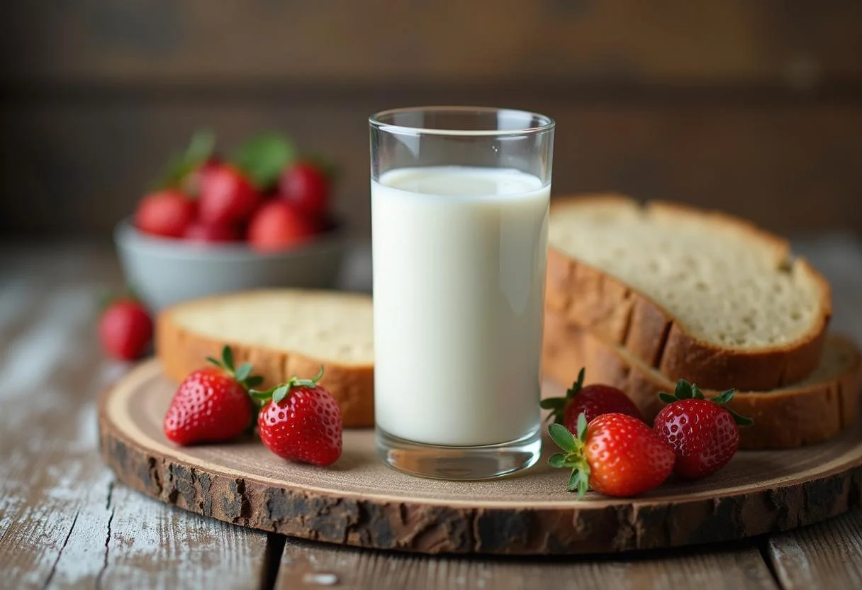Copo de leite desnatado e refeição saudável, destacando quantas calorias tem um copo de leite.