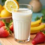 Leite fermentado caseiro tipo Yakult servido em um copo com frutas, ressaltando os benefícios do leite fermentado.