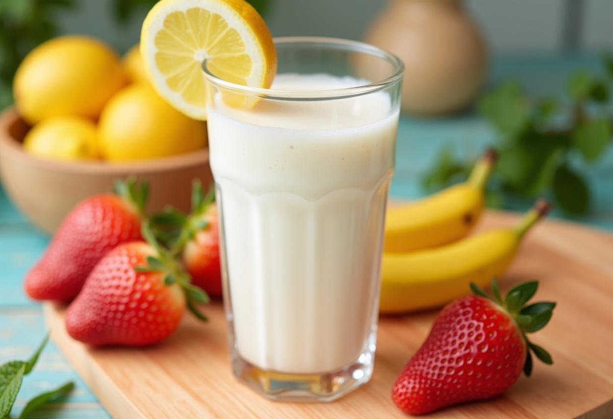 Leite fermentado caseiro tipo Yakult servido em um copo com frutas, ressaltando os benefícios do leite fermentado.