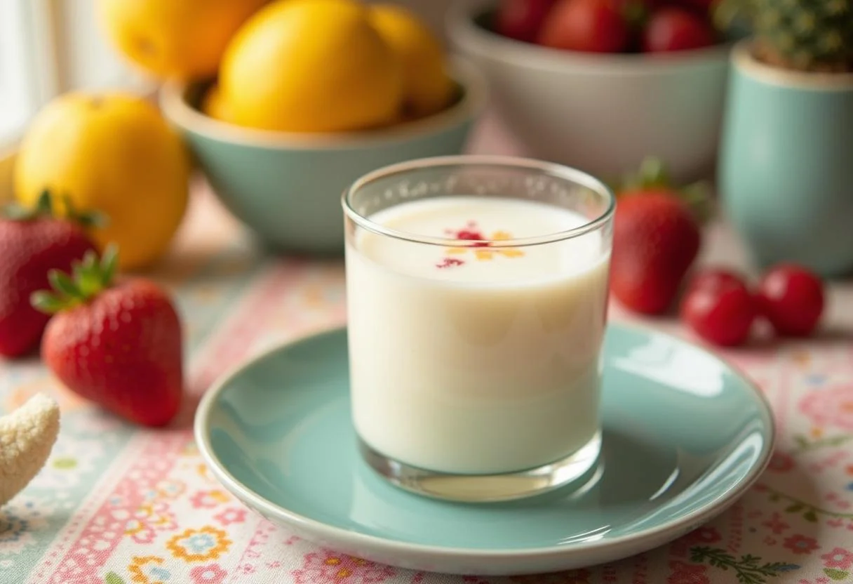 Leite fermentado caseiro tipo Yakult servido em um copo com frutas, ressaltando os benefícios do leite fermentado.