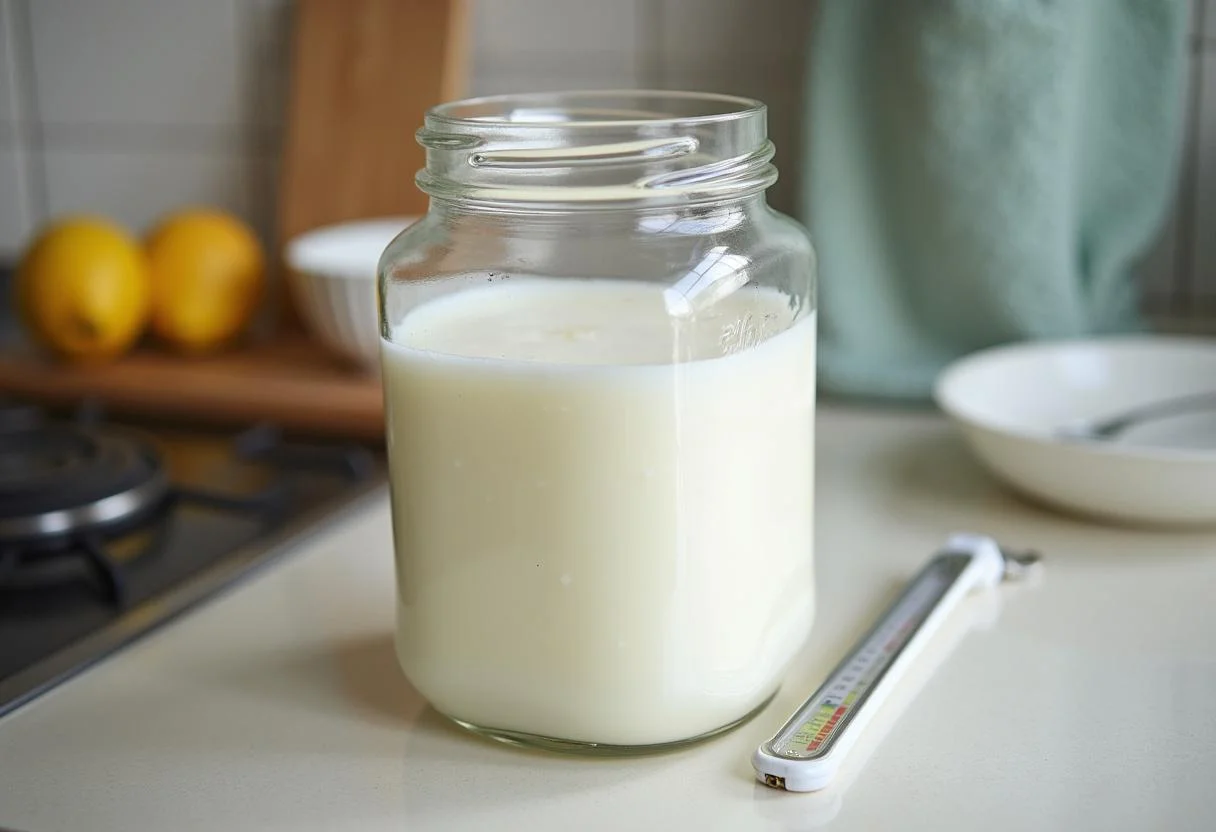 Leite fresco em um pote de vidro preparado para fermentação no leite fermentado caseiro tipo Yakult.