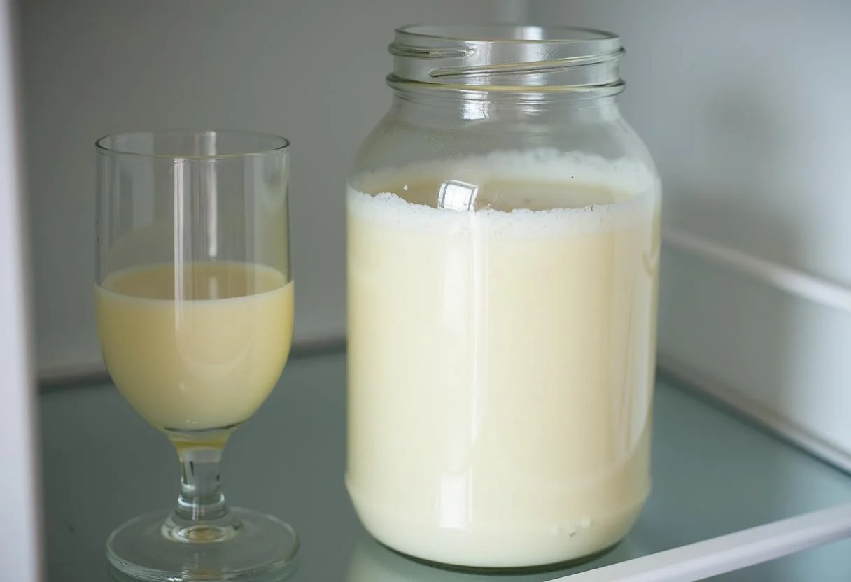 Pote de leite fermentado caseiro tipo Yakult sendo refrigerado antes de servir.