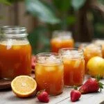 Leite fermentado Chamyto caseiro apresentado em uma mesa com frutas frescas, ideal para degustação.