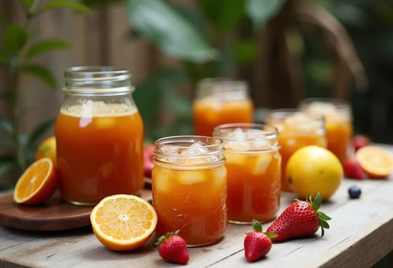 Leite fermentado Chamyto caseiro apresentado em uma mesa com frutas frescas, ideal para degustação.
