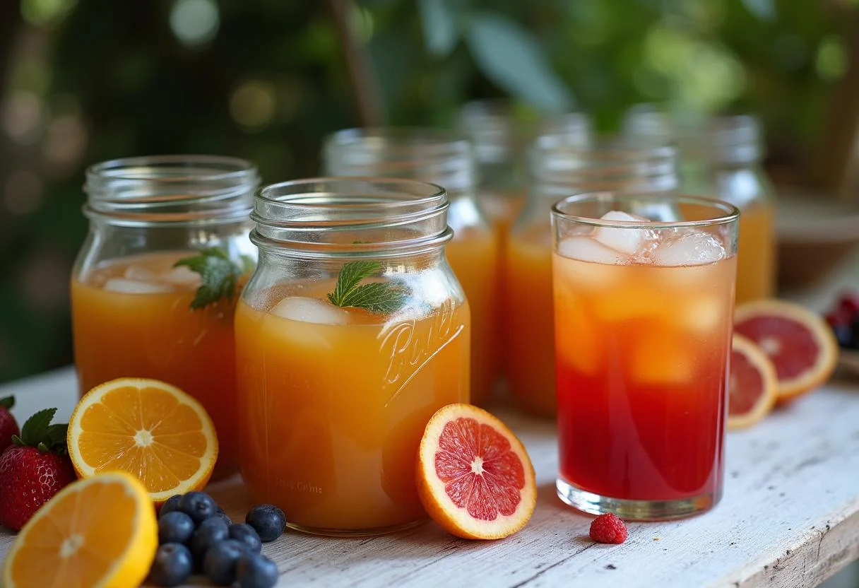 Leite fermentado Chamyto caseiro apresentado em uma mesa com frutas frescas, ideal para degustação.