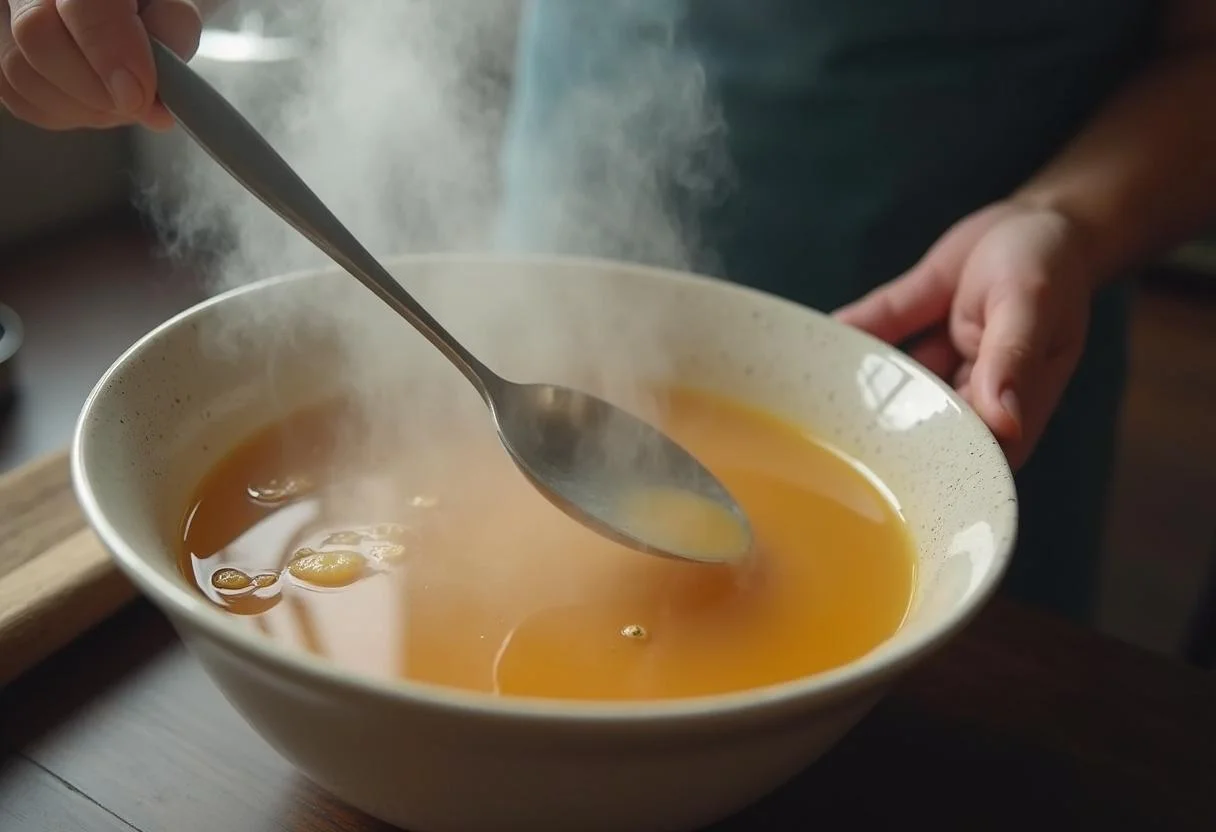 Mexendo a mistura para o leite fermentado Chamyto caseiro em um recipiente.