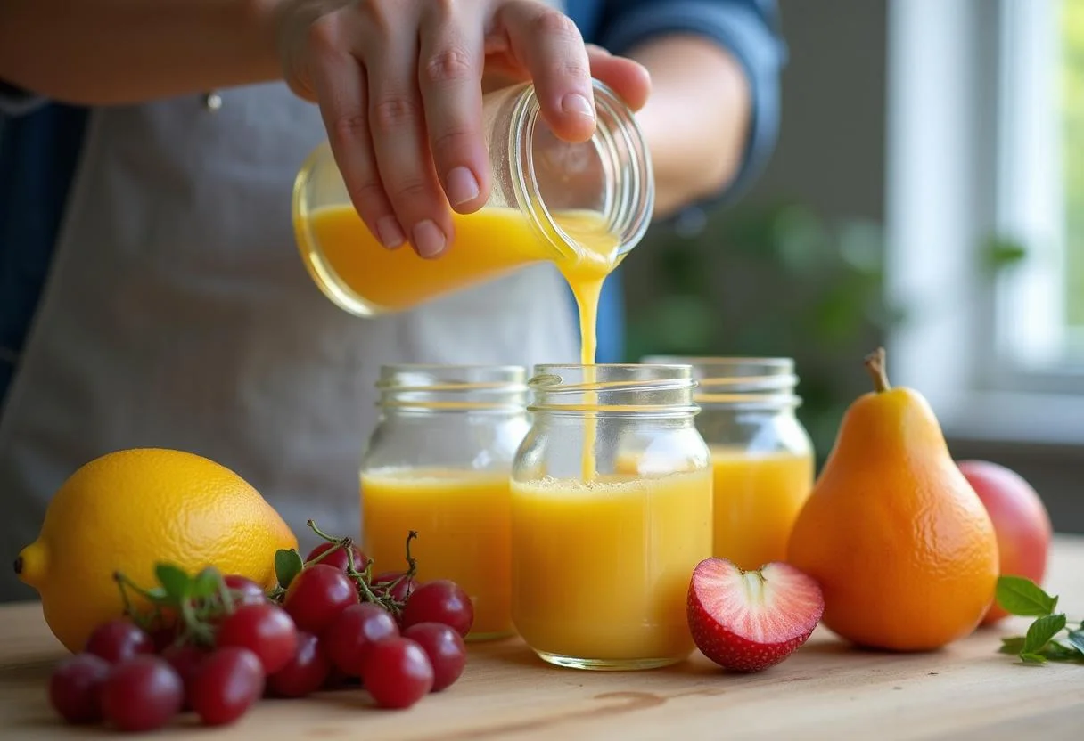 Despejando o leite fermentado Chamyto caseiro em potes pequenos para refrigeração.