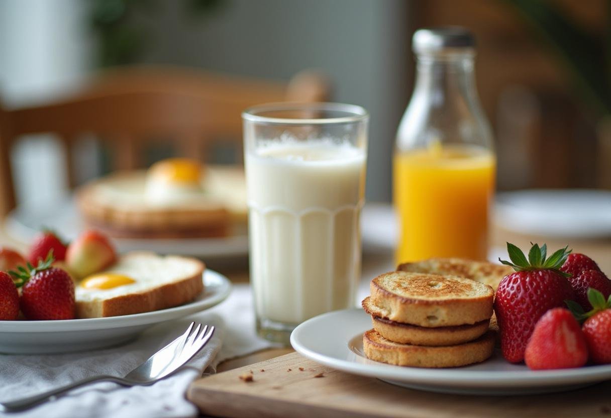 Glass of Leite Lider Integral UHT on a table with food, perfect for a nutritious breakfast.