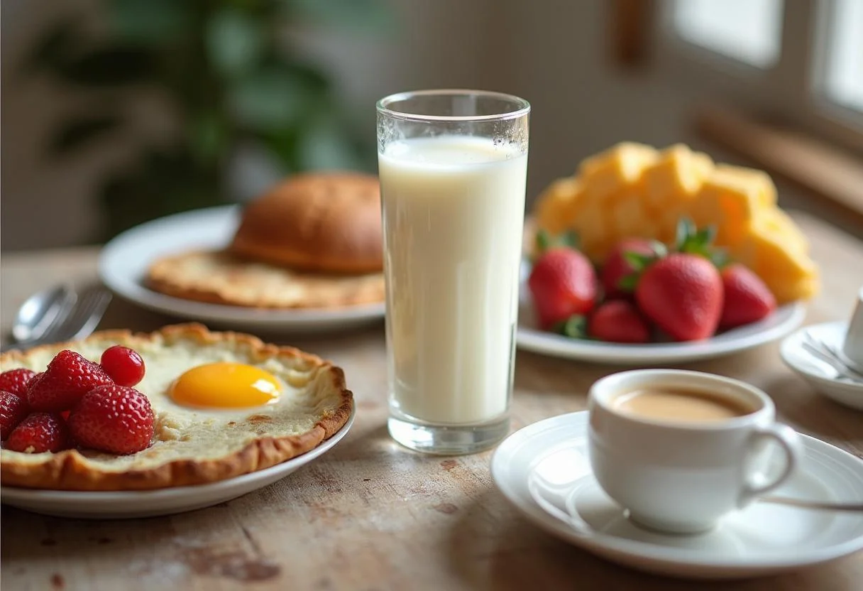 Copo de Leite Lider Integral UHT em uma mesa com comida, perfeito para um café da manhã nutritivo.