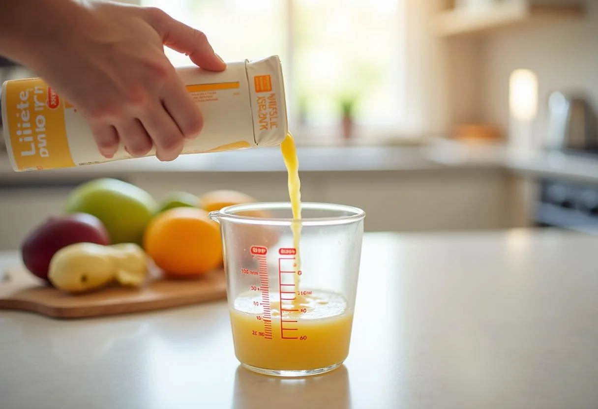 Leite Lider Integral UHT sendo despejado em um copo medidor, ideal para receitas e bebidas.