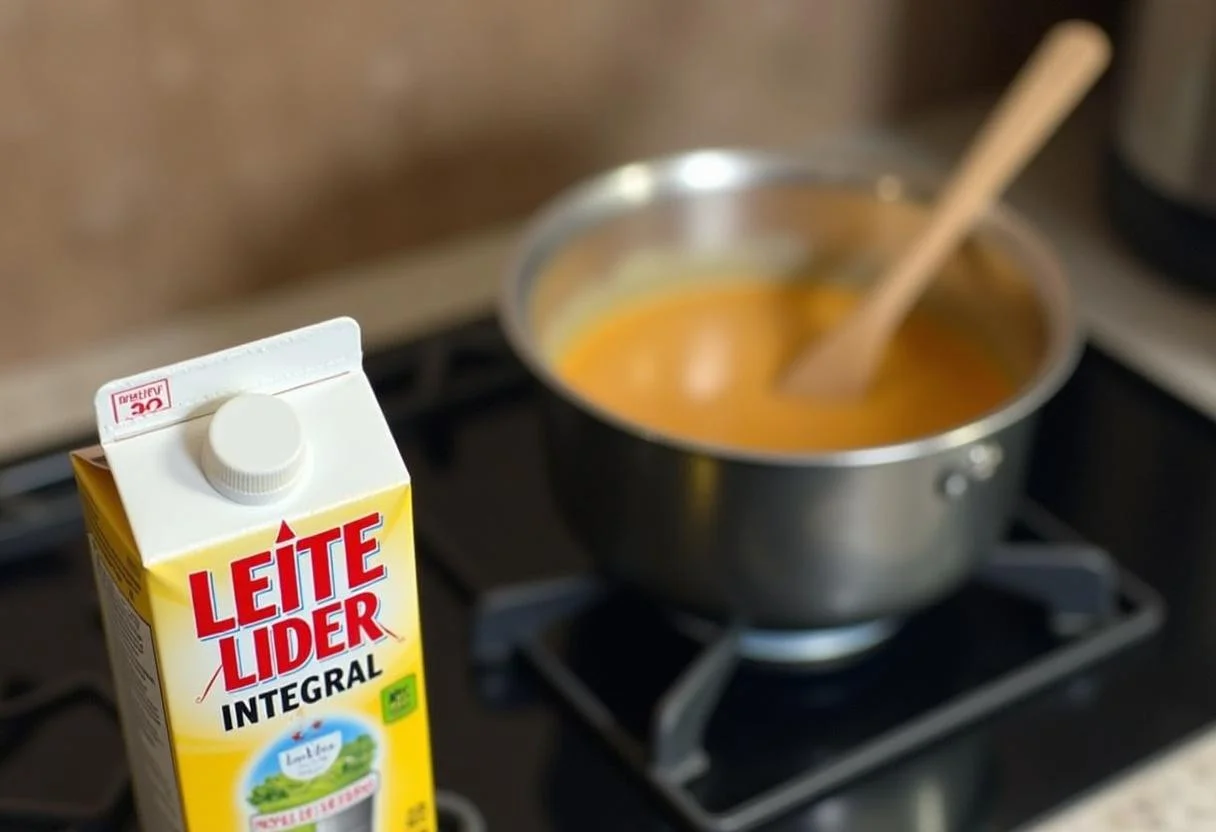 Mistura cozinhando com Leite Lider Integral UHT em uma panela no fogão para receitas deliciosas.