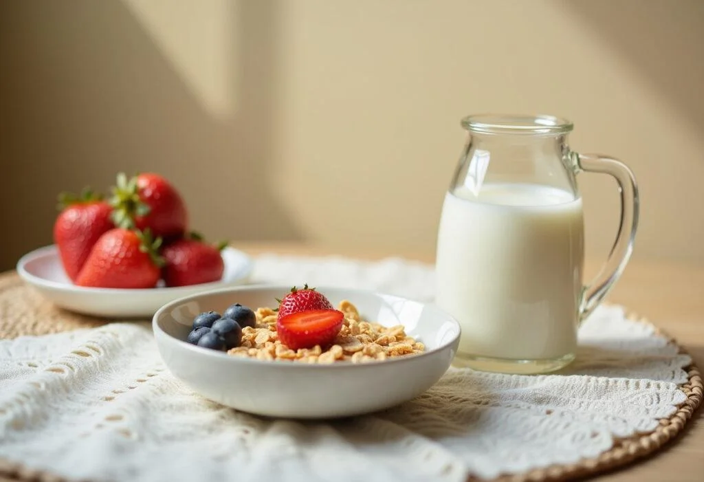 Complete breakfast setup with leite longa vida, cereal, and fruits for a nutritious start.