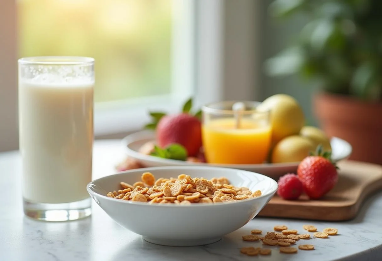 Complete breakfast setup with leite longa vida, cereal, and fruits for a nutritious start.