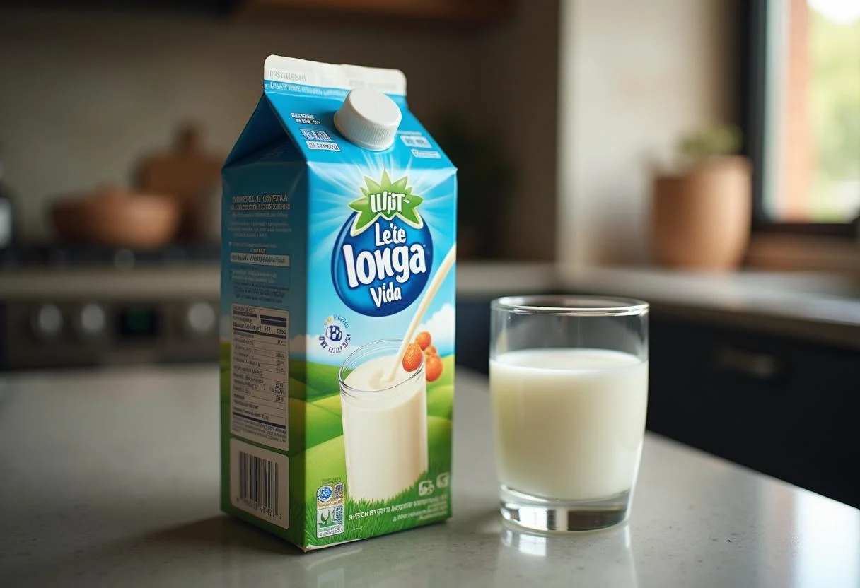 Carton of leite longa vida (UHT milk) on a countertop for easy access.