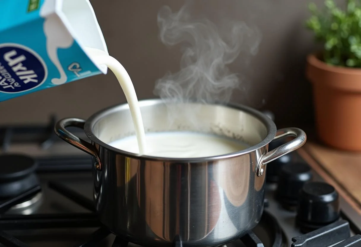 Pouring leite longa vida into a pot for heating on the stove.