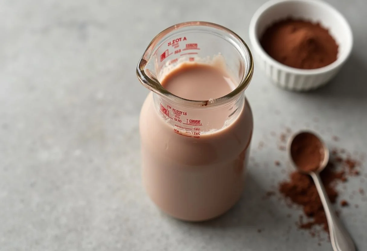 Measuring UHT milk next to chocolate powder for a creamy drink preparation.