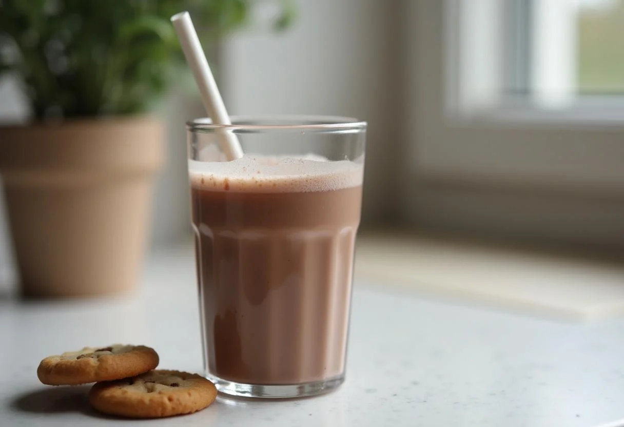 Glass of chocolate milk made with leite longa vida, ready to enjoy with cookies.