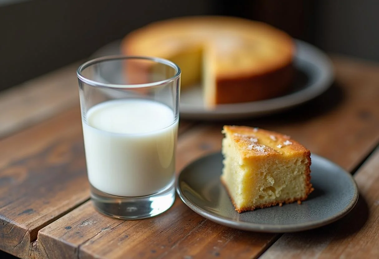 Leite Natville integral pasteurizado gelado servido com bolo caseiro, delicioso e refrescante.