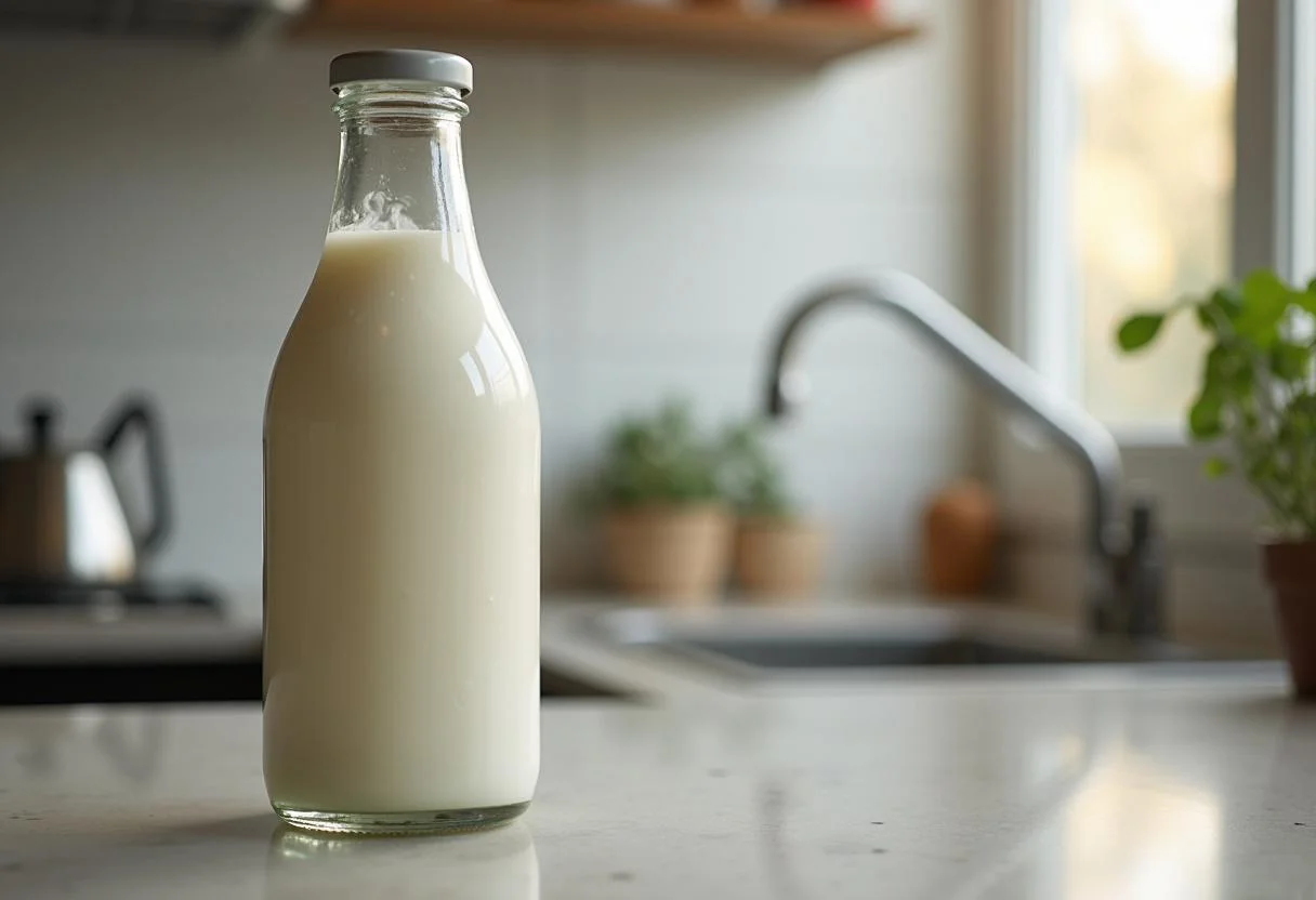 Garrafas de leite Natville integral pasteurizado na bancada, destacando sua qualidade.