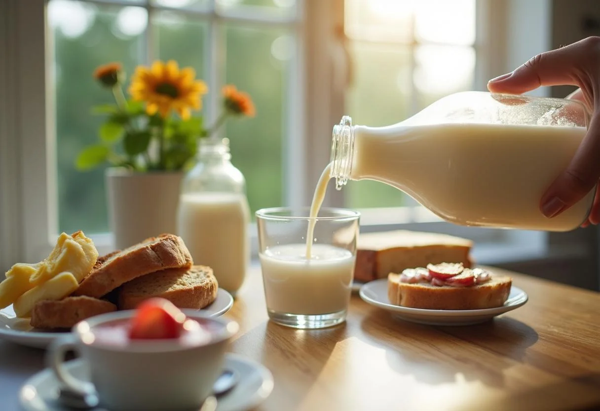 Leite Natville integral pasteurizado sendo servido em um copo, perfeito para o café da manhã.