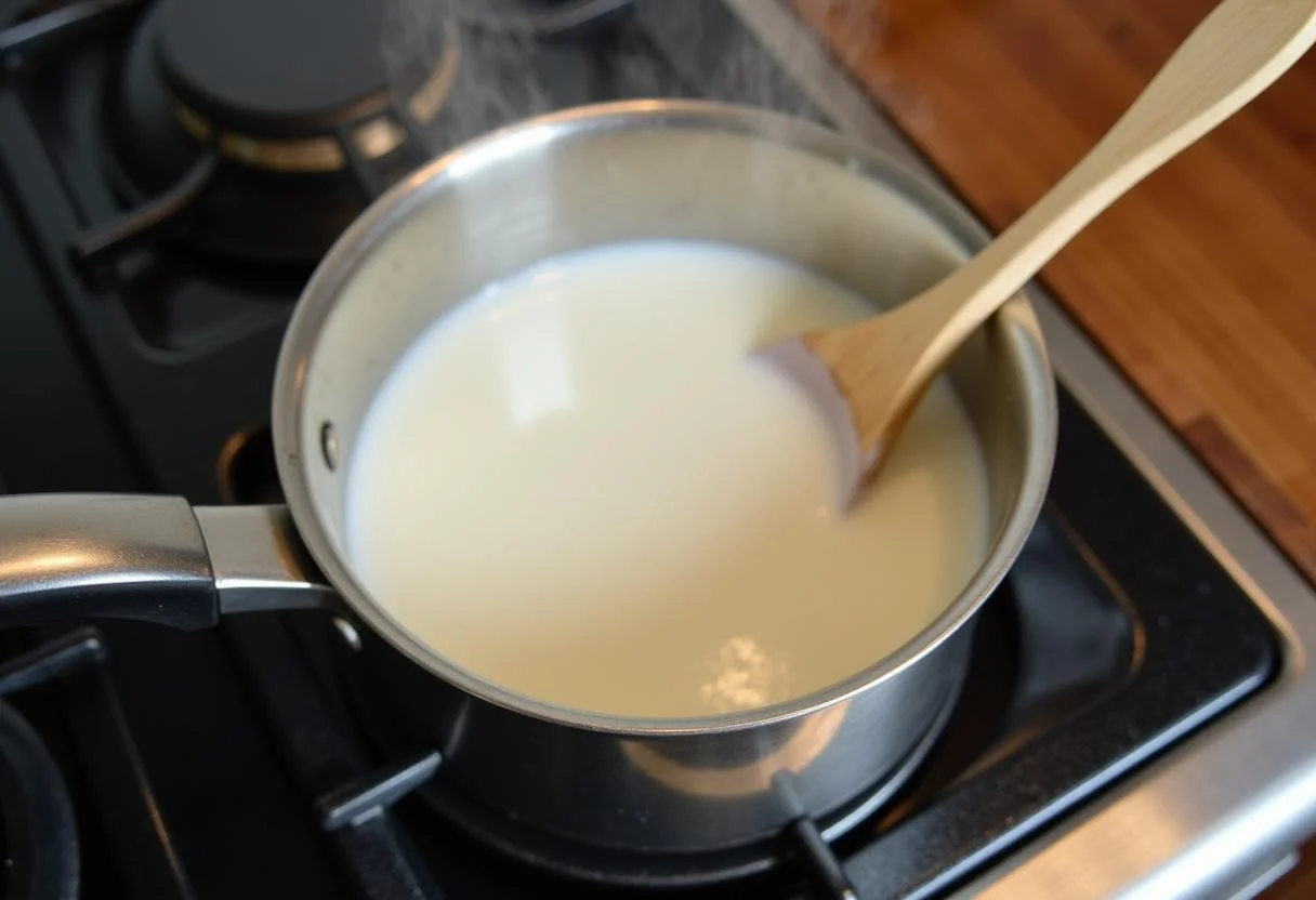 Aquecimento de leite Natville integral pasteurizado em uma panela no fogão, mostrando sua textura cremosa.
