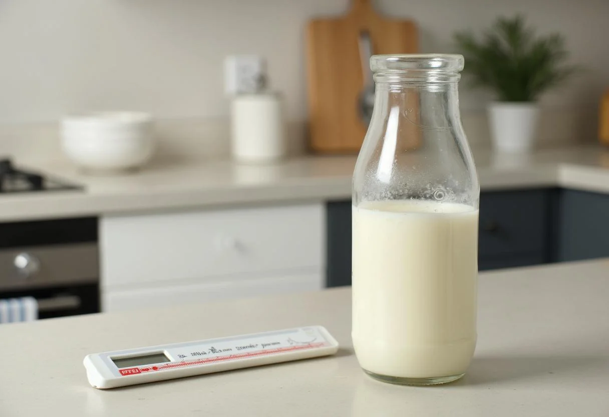 O que leite pasteurizado: frasco de leite fresco antes do processo de pasteurização.