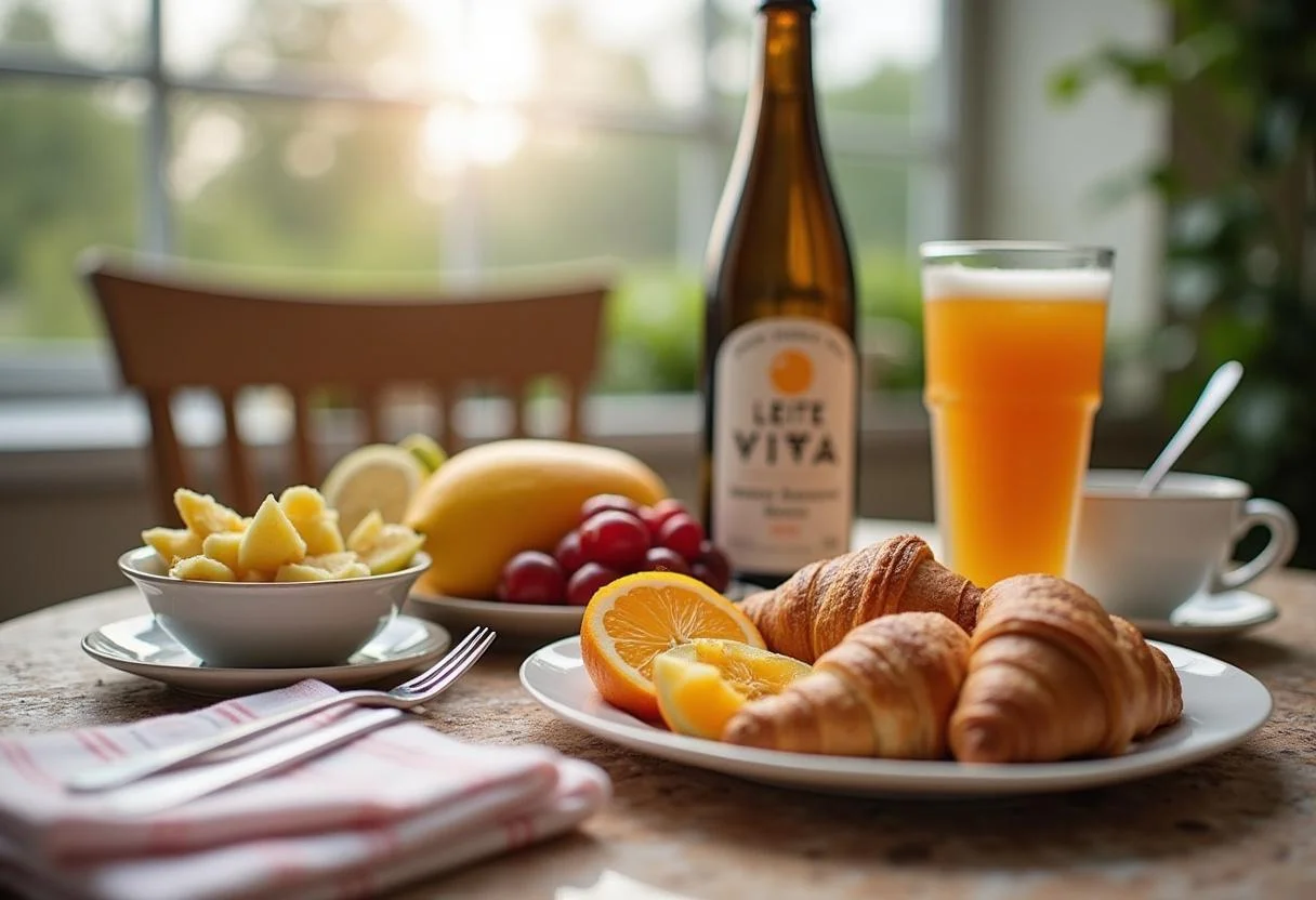 Mesa de café da manhã com Leite Viva Integral e frutas frescas.