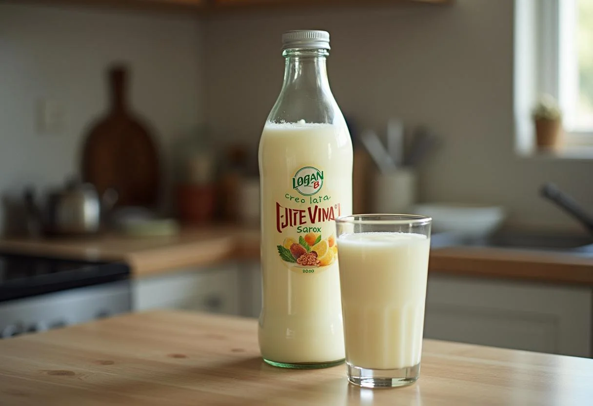 Leite Viva Integral Pasteurizado Tipo A B em garrafa na bancada da cozinha.