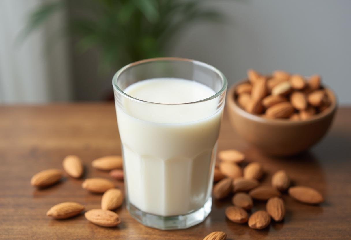 Leite de amêndoas caseiro servido em um copo, com amêndoas ao redor, ideal para o consumo.