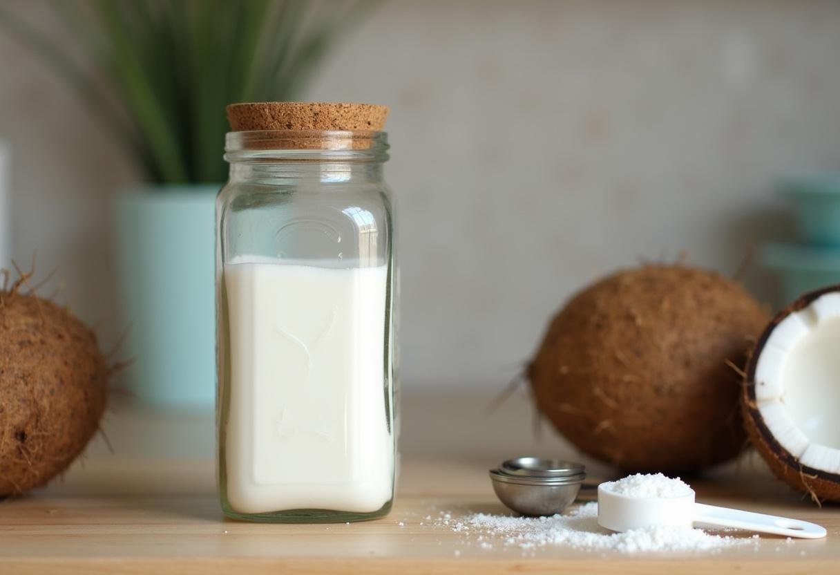 Leite de coco em pó caseiro em um pote, pronto para ser usado em receitas.